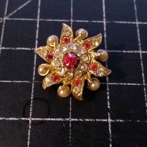 Vintage Coro Flower Brooch, Red & White Rhinestones, Pearls, Gold Toned,…